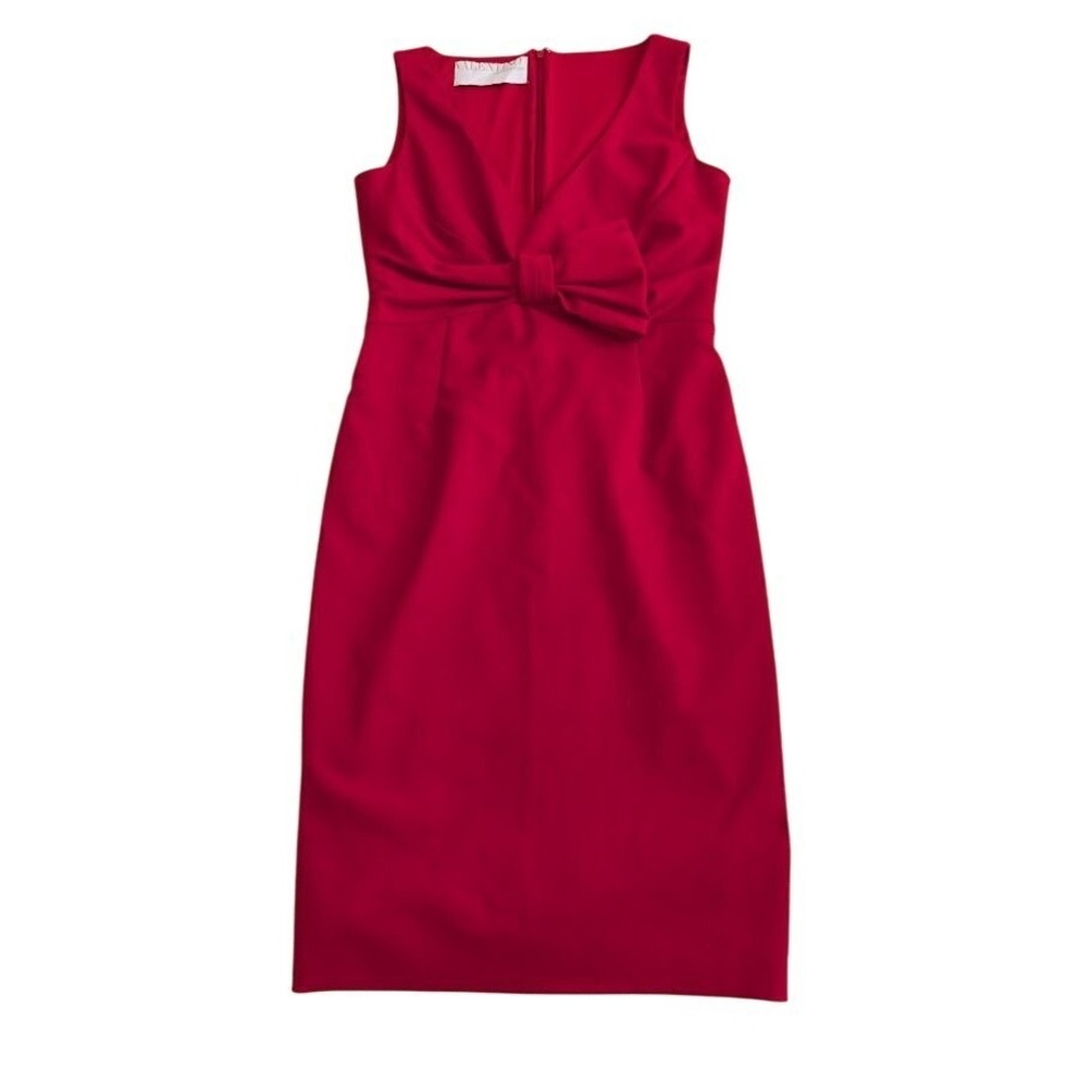 Valentino Technocoture Red Wool‎ Blend Midi Dress Bow Detail Cocktail Party 6